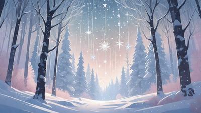 The primary subject of the image is a snowy forest with a path leading through it. The setting is a winter landscape with snow-covered trees and a sky filled with stars. The visual style is a digital art or illustration, creating a serene and peaceful atmosphere. The dominant colors are white, blue, and silver, with the snowy trees and the starry sky adding a touch of warmth to the scene.